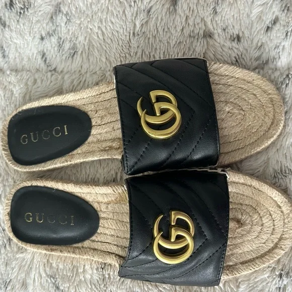 Black Leather Slides with Gold Logo - Picture 4 of 8